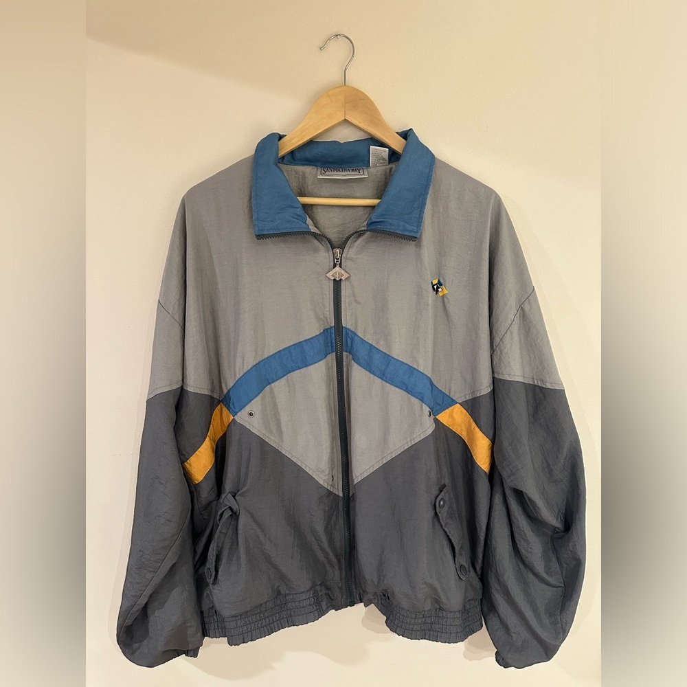 Women’s Large Vintage 90’s Windbreaker Zip-Up Santolina Bay - Gray, Blue, Yellow